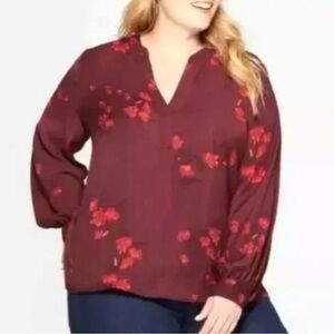 Ava & Viv Burgundy Floral Blouse Women’s Plus Size 2X Long Sleeve Split Neck